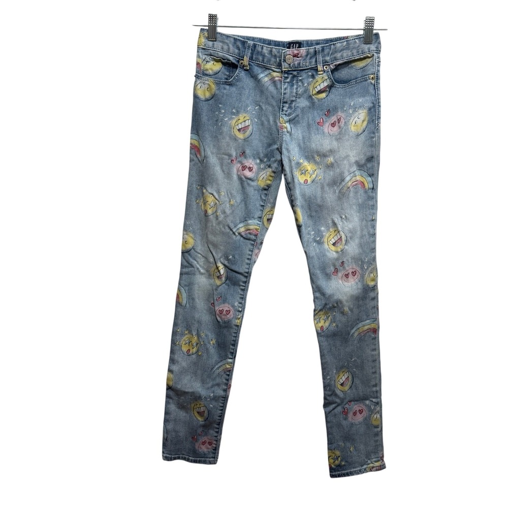 Gap Kids Girls Size 14 Regular Emoji Rainbow Print Stretch Super Skinny Jeans